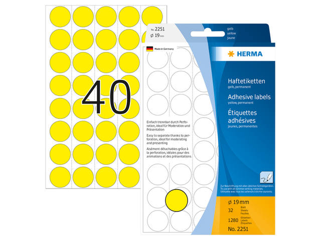 Etiket HERMA 2251 rond 19mm geel 1280st