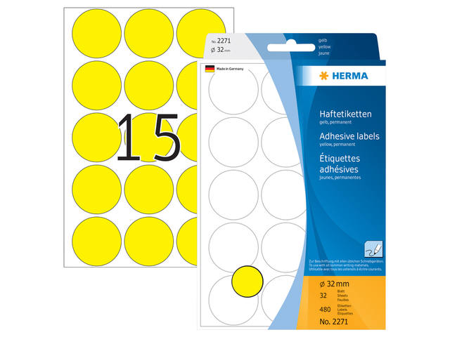 Etiket HERMA 2271 rond 32mm geel 480st