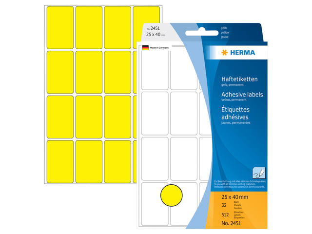 Etiket HERMA 2451 25x40mm geel 512st