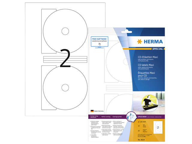 Etiket HERMA 8624 CD 116mm wit opaqua 20st