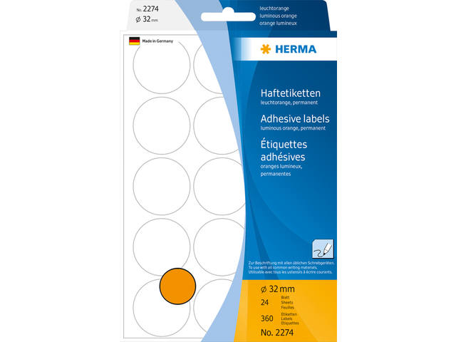 Etiket HERMA 2274 rond 32mm fluor oranje 360st