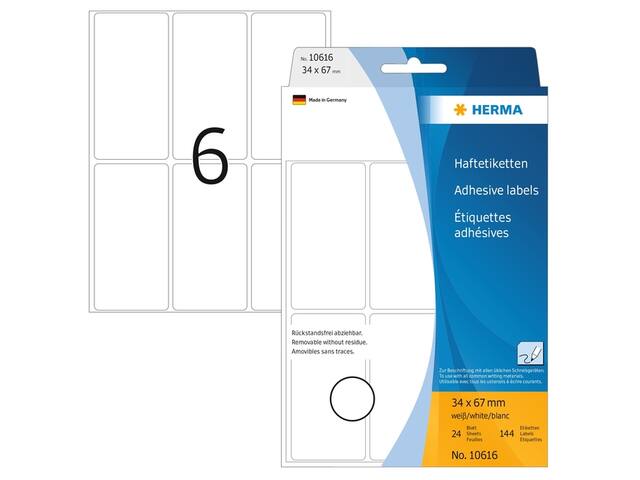 Etiket HERMA 10616 34x67mm verwijderbaar wit 144st