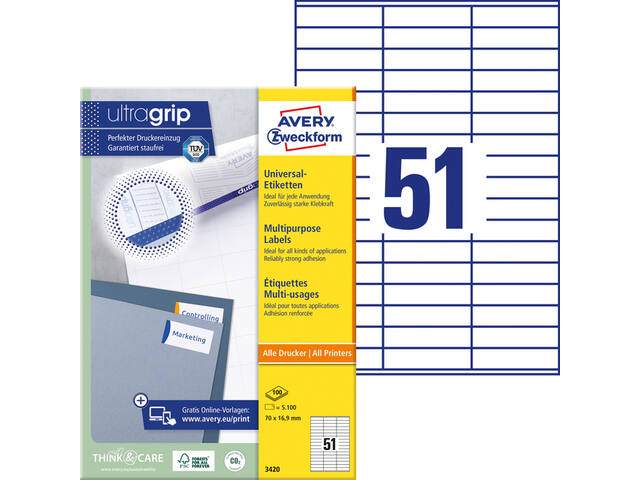 Etiket Avery 3420 70x16.9mm wit 5100st