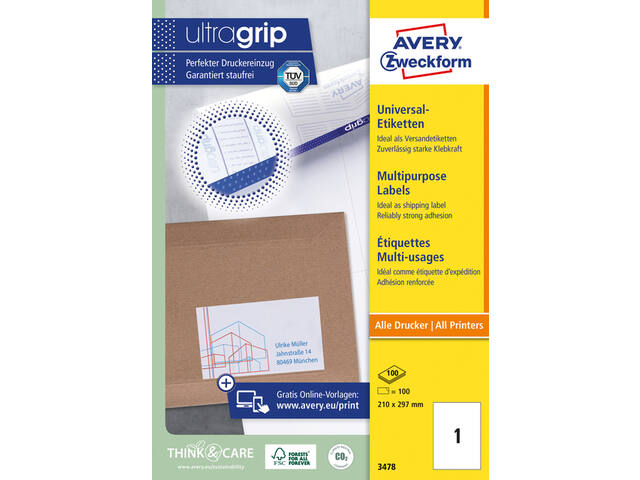 Etiket Avery 3478 210x297mm A4 wit 100st