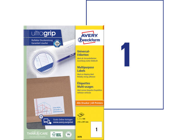 Etiket Avery 3478 210x297mm A4 wit 100st