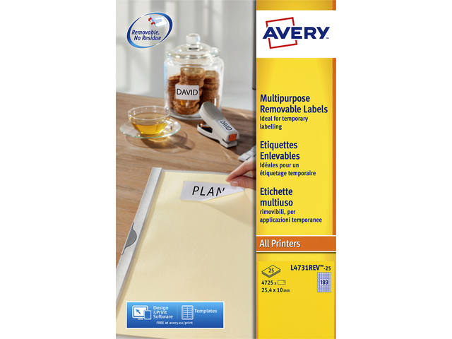 Etiket Avery L4731REV-25 25.4x10mm wit 4725st