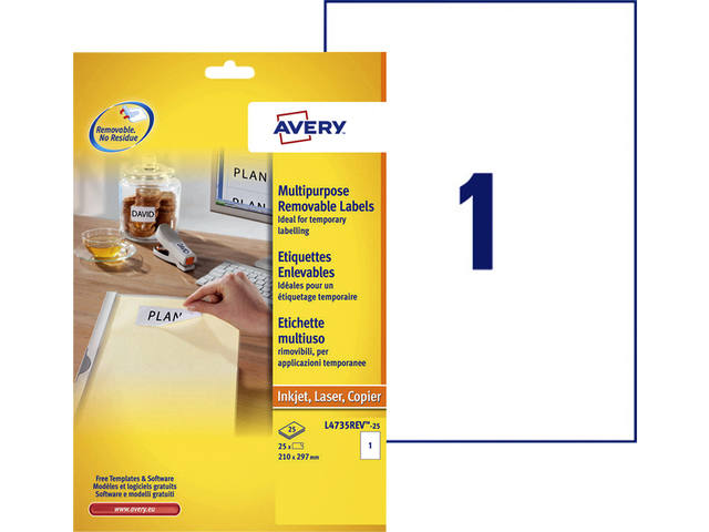 Etiket Avery L4735REV-25 210x297mm A4 wit 25st