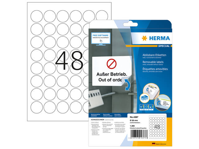 Etiket HERMA 4387 rond 30mm verwijderb wit 1200st