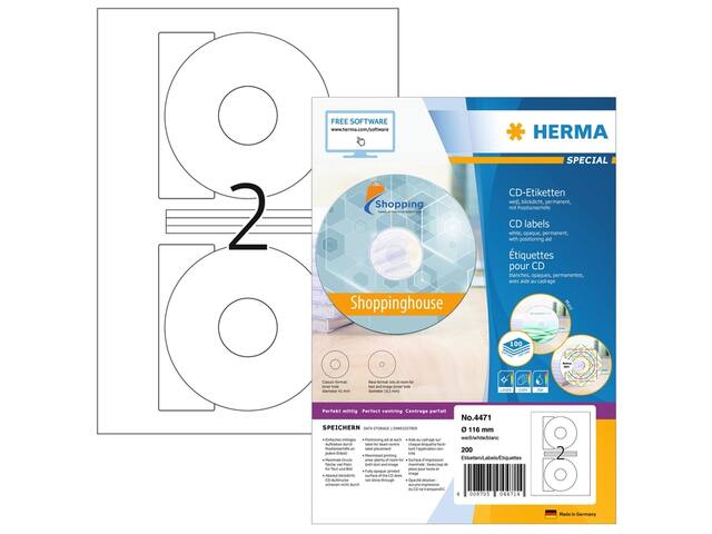 Etiket HERMA 4471 CD 116mm wit opaqua 200st