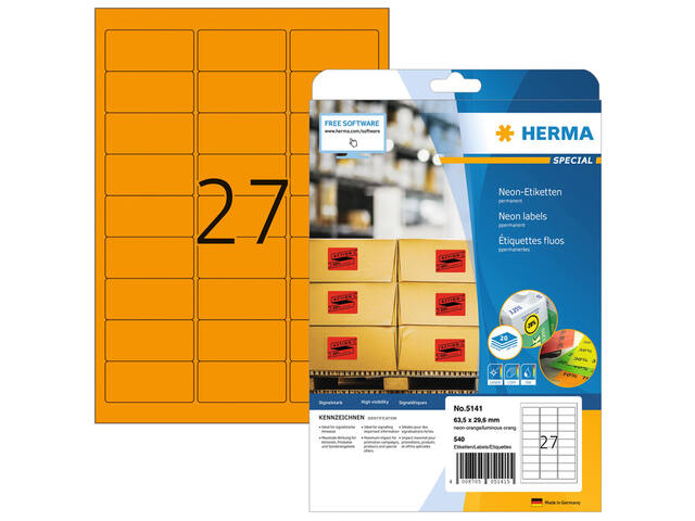 Etiket HERMA 5141 63.5x29.6mm neon oranje 540st