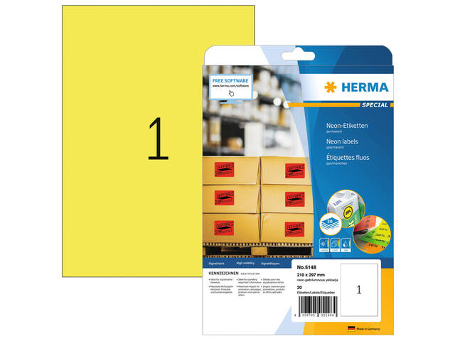 Etiket HERMA 5148 210x297mm A4 fluor geel 20st