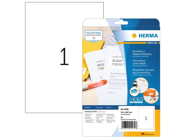 Etiket HERMA 4230 210x297mm A4 correctie wit 25st