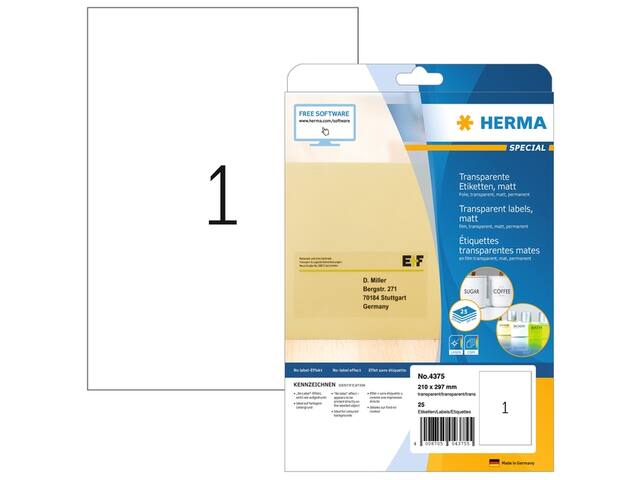 Etiket HERMA 4375 210x297mm A4 transparant 25st