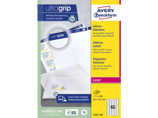 Etiket Avery L7651 38.1x21.2mm wit 6500st