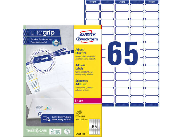 Etiket Avery L7651 38.1x21.2mm wit 6500st