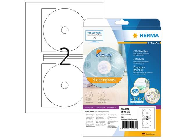 Etiket HERMA 5115 CD 116mm wit 50st