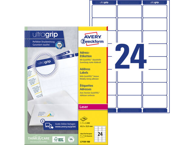 Etiket Avery L7159-100 63.5x33.9mm wit 2400st