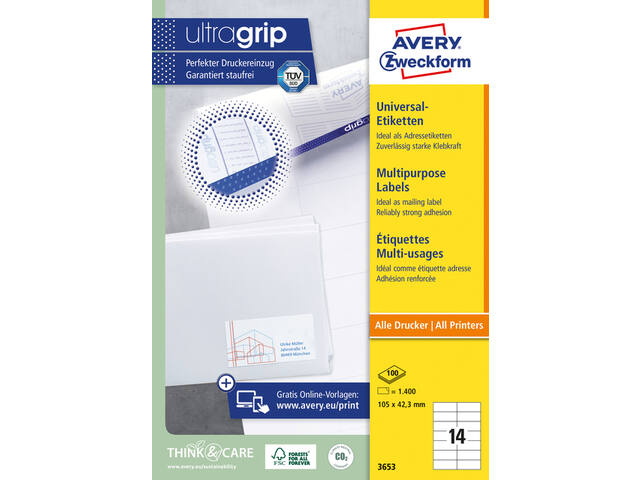 Etiket Avery 3653 105x42.3Mm wit 1400st