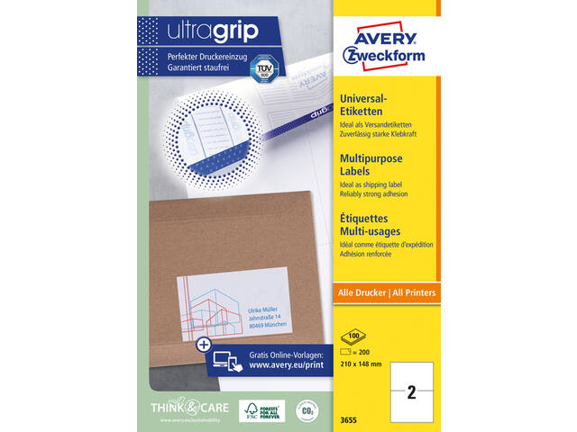 Etiket Avery 3655 210x148mm A5 wit 200st
