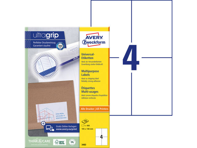 Etiket Avery 3483 105x148mm A6 wit 400st