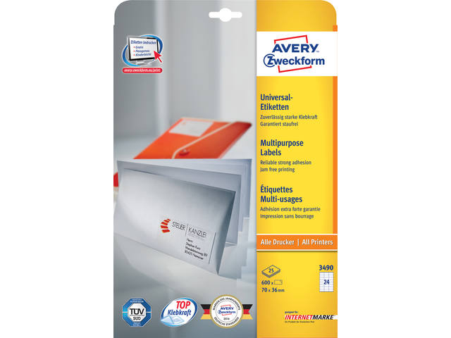 Etiket Avery 3490 70x36mm wit 600st