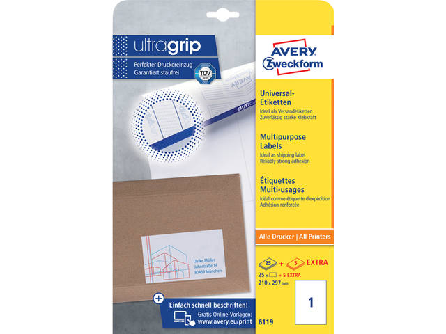 Etiket Avery 6119 210x297mm A4 wit 25st