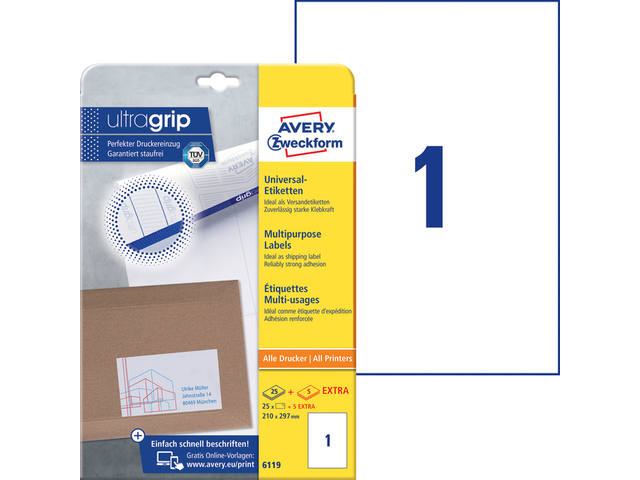 Etiket Avery 6119 210x297mm A4 wit 25st