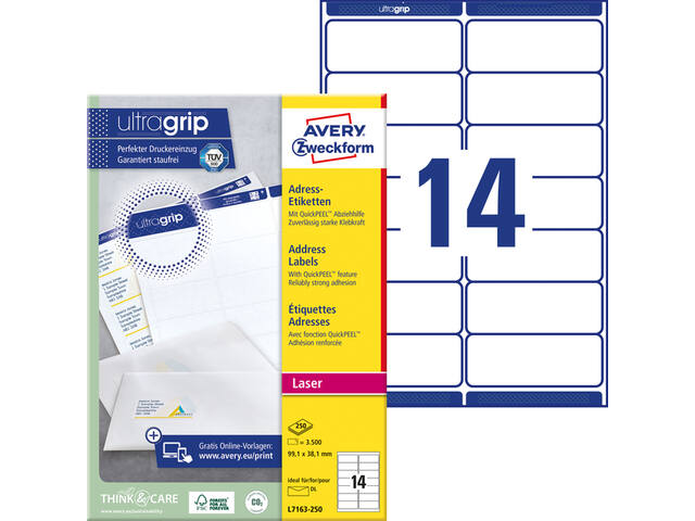 Etiket Avery L7163-250 99.1x38.1mm wit 3500st