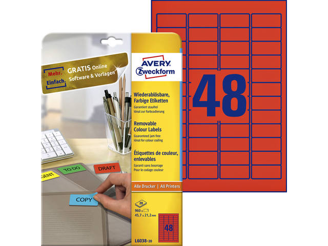 Etiket Avery L6038-20 45.7x21.2mm rood 960st