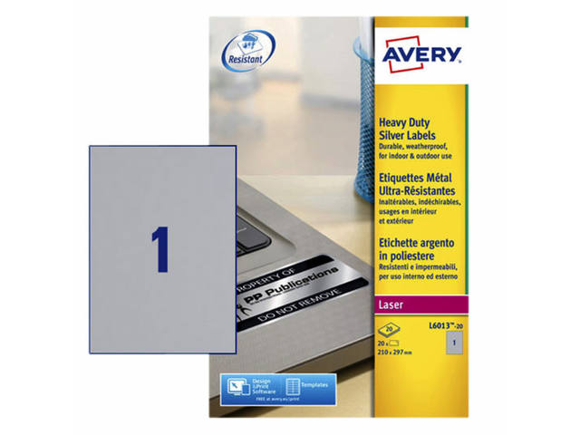 Etiket Avery L6013-20 210x297mm zilver 20st