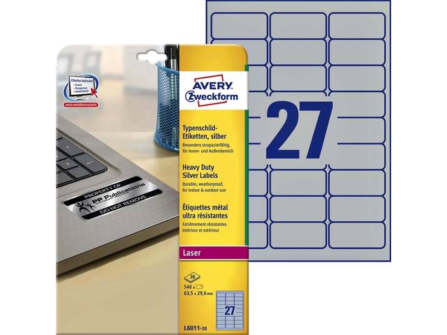 Etiket Avery L6011-20 63.5x29.6mm zilver 540st