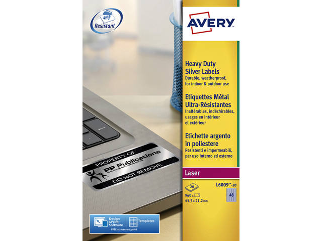 Etiket Avery L6009-20 45.7x21.2mm zilver 960st