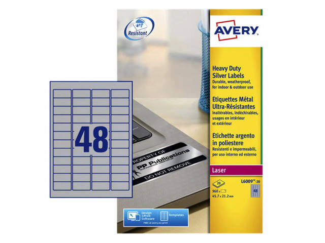 Etiket Avery L6009-20 45.7x21.2mm zilver 960st