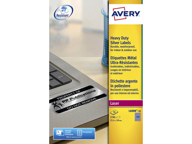 Etiket Avery L6008-20 25.4x10mm zilver 3780st