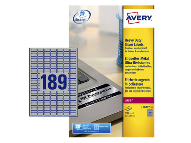 Etiket Avery L6008-20 25.4x10mm zilver 3780st