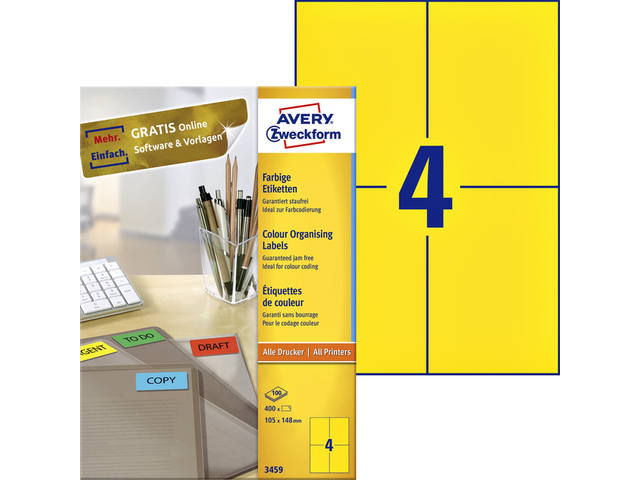 Etiket Avery 3459 105x148mm A6 geel 400st