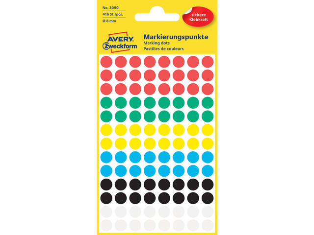 Etiket Avery 3090 rond 8mm assorti 416st