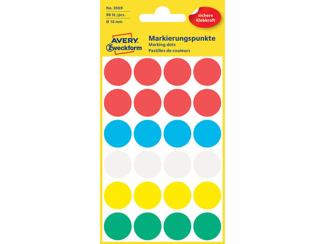 Etiket Avery 3089 rond 18mm assorti 96st