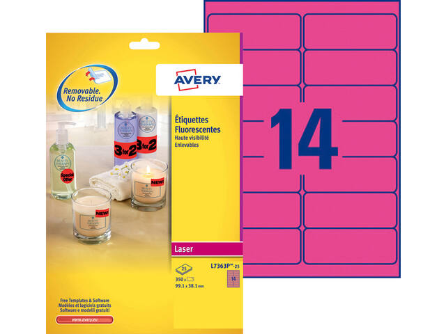 Etiket Avery L7363P-25 99.1x38.1mm roze 340st
