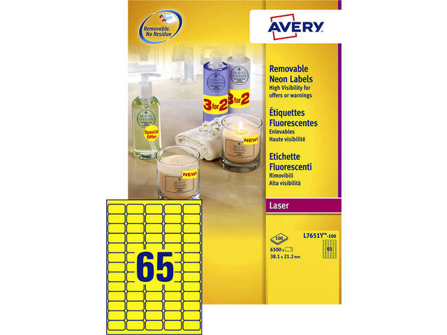 Etiket Avery L7651Y-100 38.1x21.2mm geel 6500st