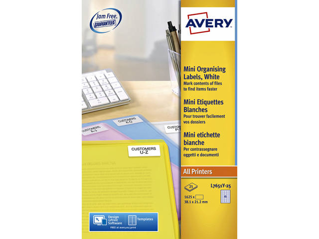 Etiket Avery L7651Y-25 38.1x21.2mm geel 1625st