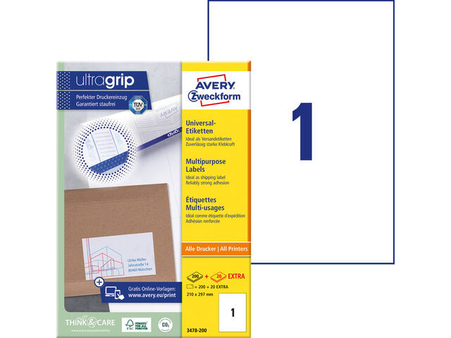 Etiket Avery 3478 210x297mm A4 wit 200st