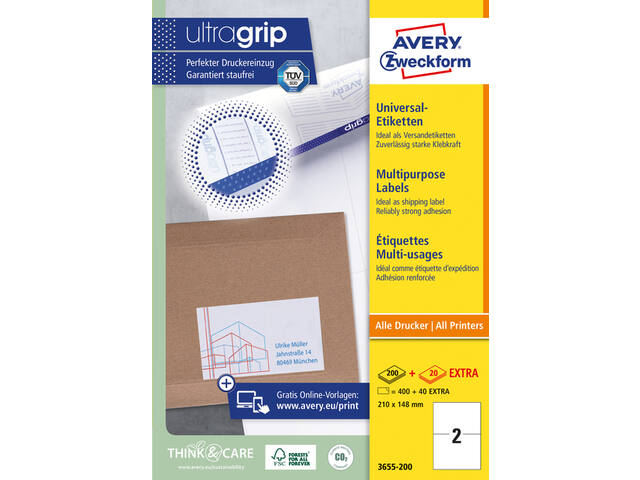 Etiket Avery 3655 210x148mm A5 wit 400st