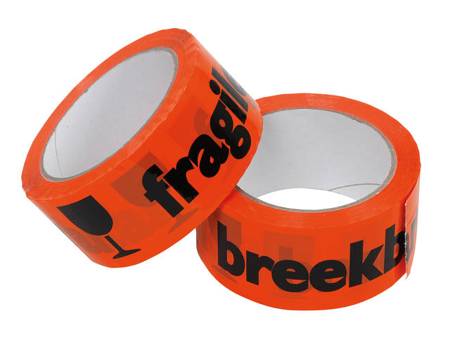 Waarschuwingstape IEZZY breekbaar 50mmx66m or/zw