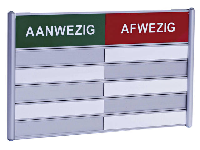Aan afwezigheidsbord voor 5 namen