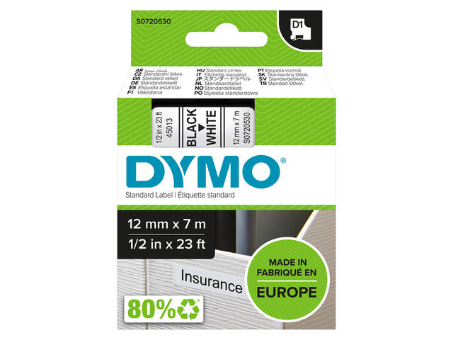 Labeltape Dymo LabelManager D1 polyester 12mm wit