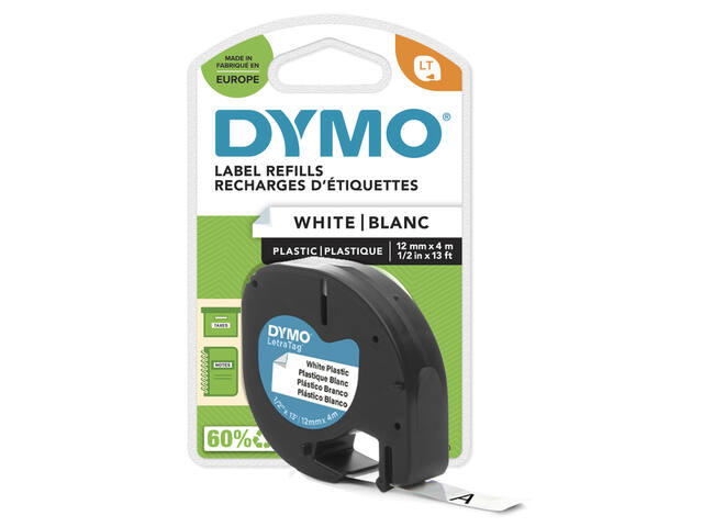 Labeltape Dymo LetraTag plastic 12mm wit