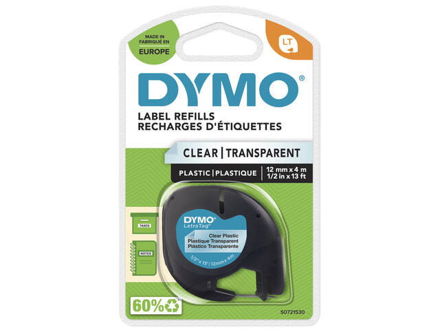 Labeltape Dymo LetraTag plastic 12mm transparant