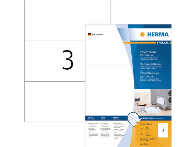 Etiket HERMA 4664 210x99mm geperforeerd wit 300st
