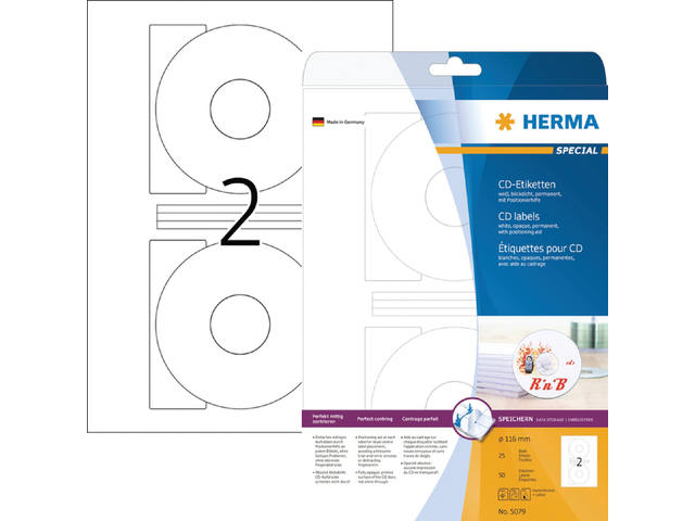 Etiket HERMA 5079 CD 116mm wit opaqua 50st